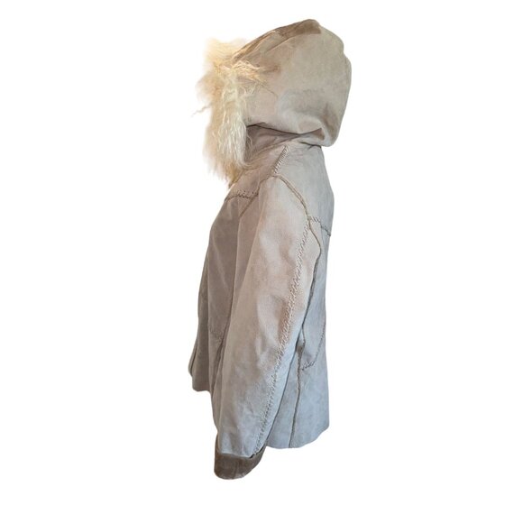 Vintage Winlet Ivory Braided Leather Suede Mongolian Fur Hooded Jacket Coat Sz L - Picture 5 of 16